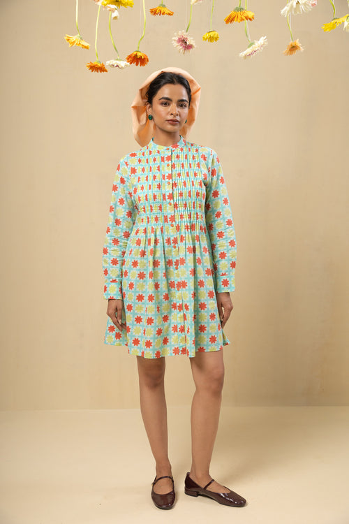 Pleated Yoke Cotton Dress – Turquoise