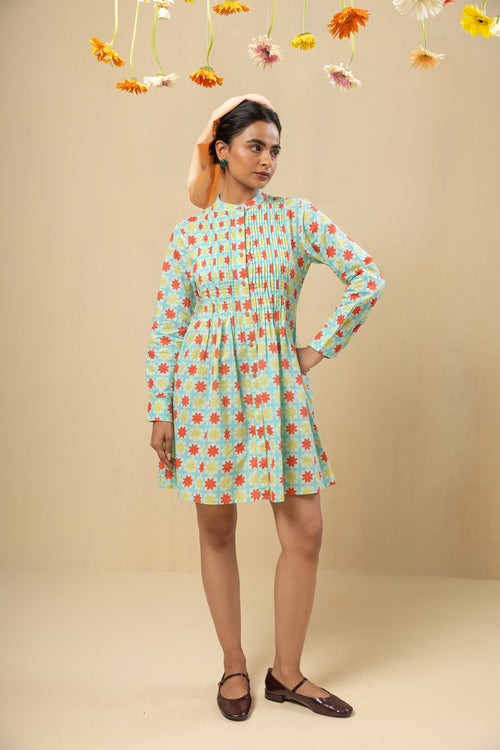 Pleated Yoke Cotton Dress – Turquoise