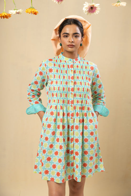 Pleated Yoke Cotton Dress – Turquoise