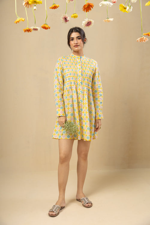 Pleated Yoke Cotton Dress – Yellow