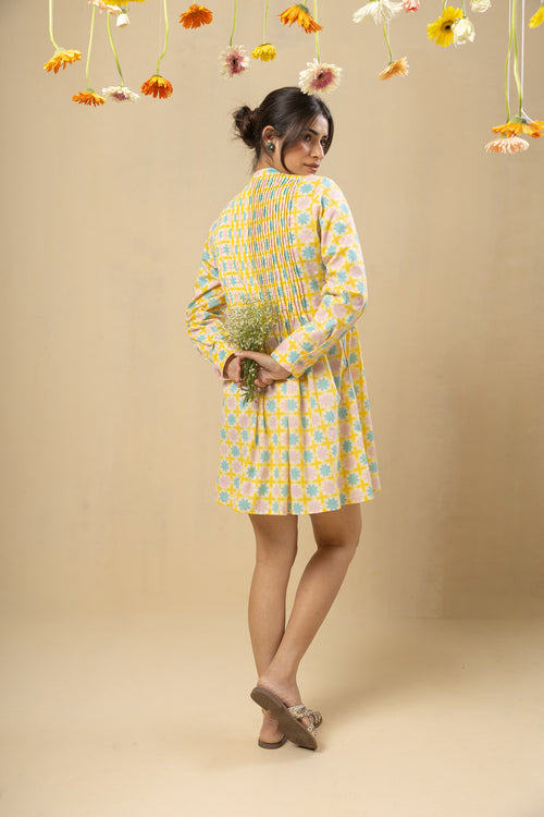 Pleated Yoke Cotton Dress – Yellow