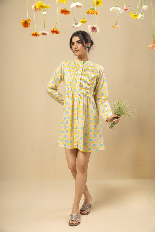 Pleated Yoke Cotton Dress – Yellow
