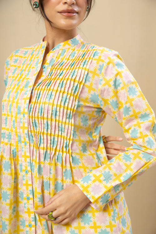 Pleated Yoke Cotton Dress – Yellow