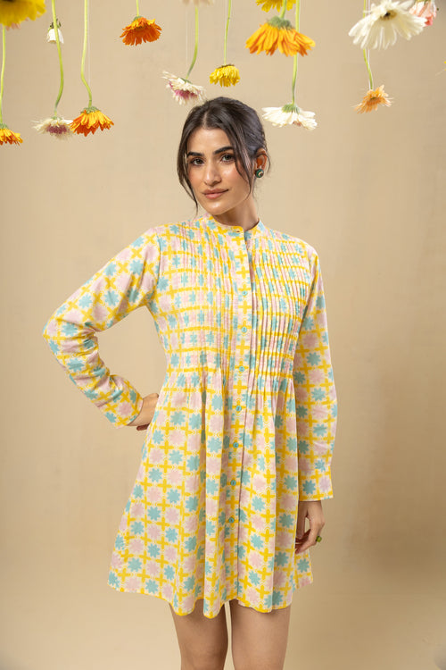 Pleated Yoke Cotton Dress – Yellow