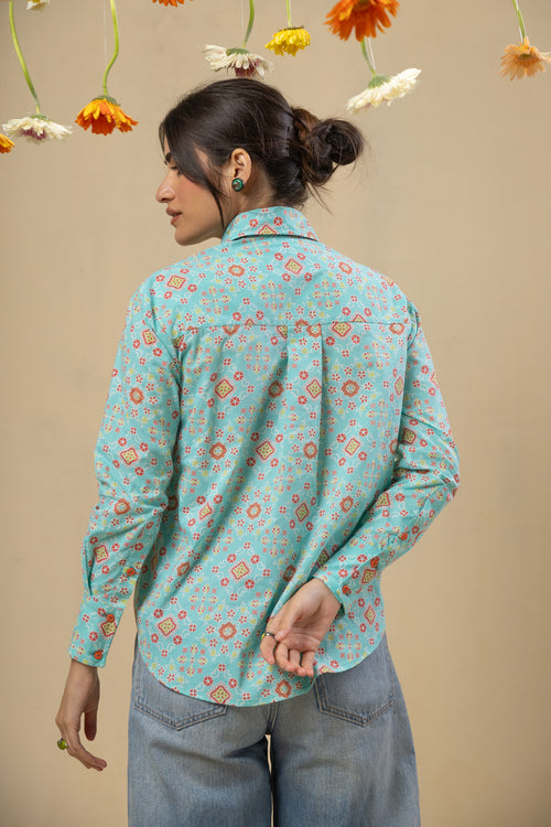 Boyfriend Cotton Shirt-Turquoise