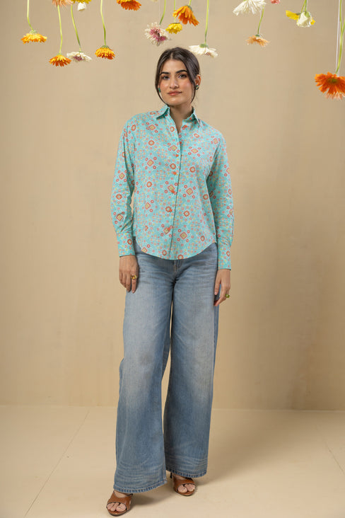 Boyfriend Cotton Shirt-Turquoise