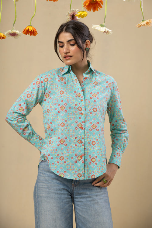 Boyfriend Cotton Shirt-Turquoise