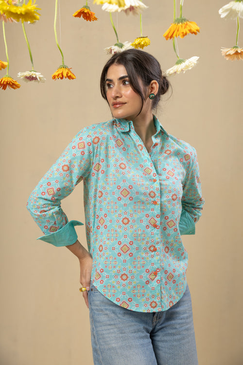 Boyfriend Cotton Shirt-Turquoise