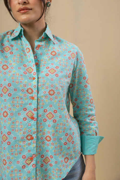 Boyfriend Cotton Shirt-Turquoise