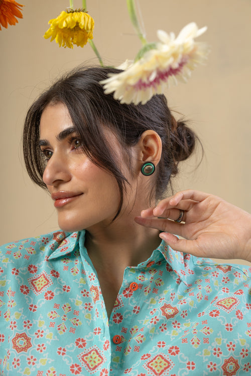 Boyfriend Cotton Shirt-Turquoise