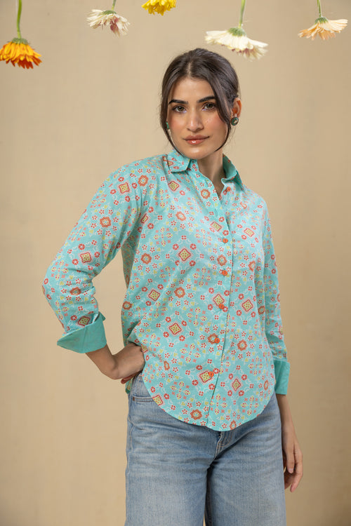 Boyfriend Cotton Shirt-Turquoise