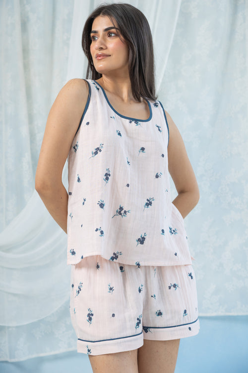 Printed Sleeveless Double Gauze Night Suit Set-Peach Blush