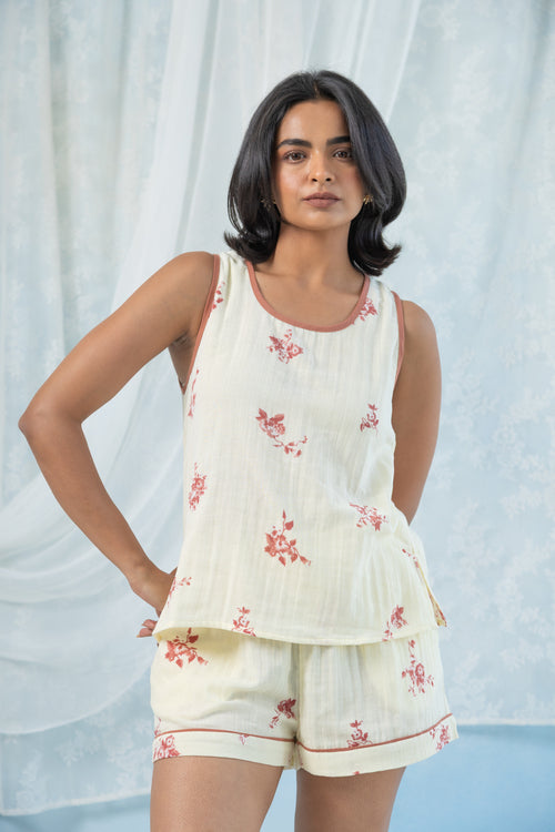 Printed Sleeveless Double Gauze Night Suit Set-Yellow