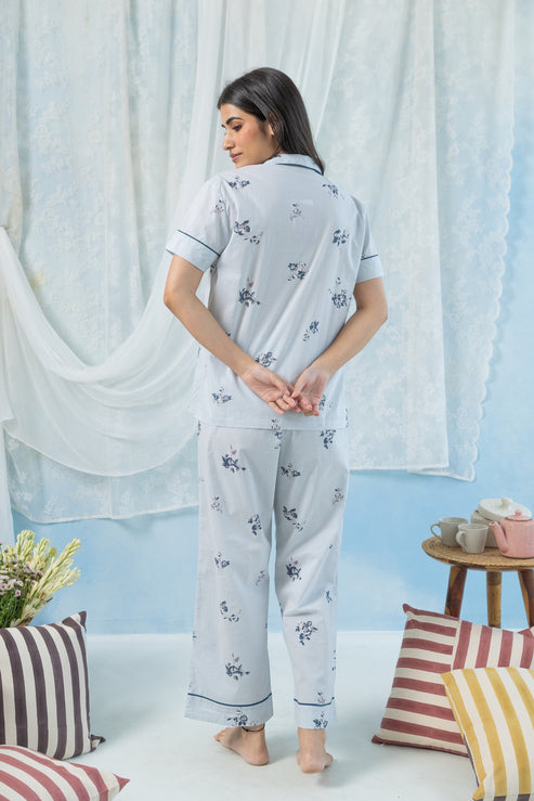 Printed Floral Cotton Half Sleeve Night Suit Set —Sky Grey