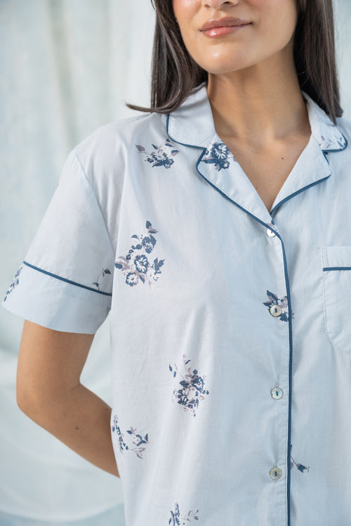 Printed Floral Cotton Half Sleeve Night Suit Set —Sky Grey