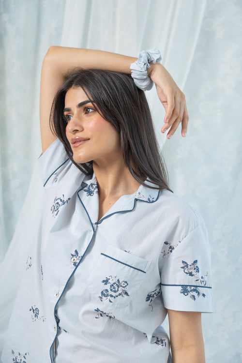 Printed Floral Cotton Half Sleeve Night Suit Set —Sky Grey