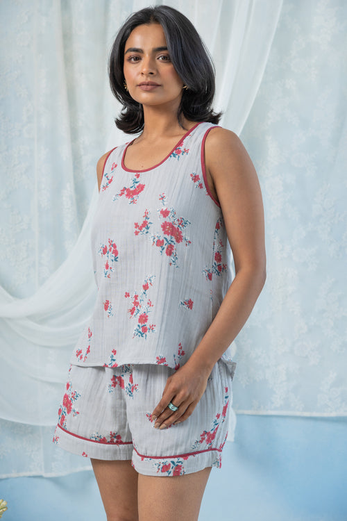 Printed Sleeveless Double Gauze Night Suit Set-Sky Grey