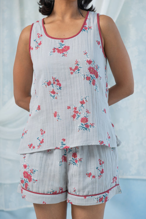 Printed Sleeveless Double Gauze Night Suit Set-Sky Grey