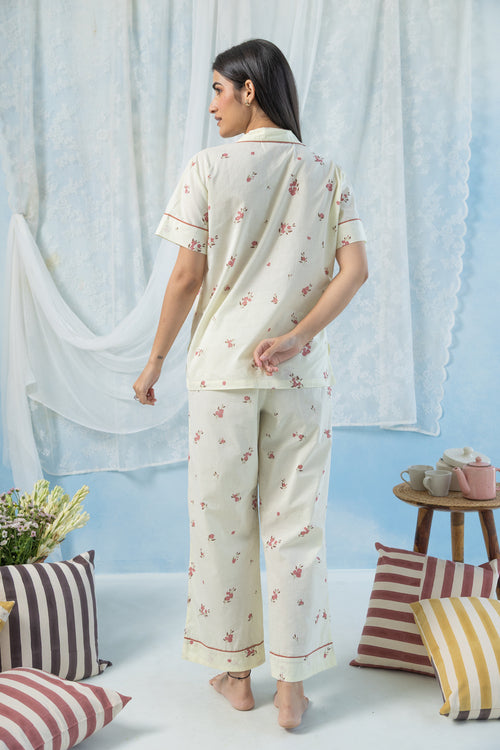 Printed Floral Cotton Half Sleeve Night Suit Set —Yellow