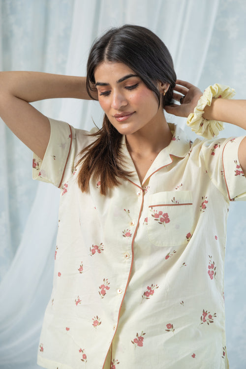 Printed Floral Cotton Half Sleeve Night Suit Set —Yellow