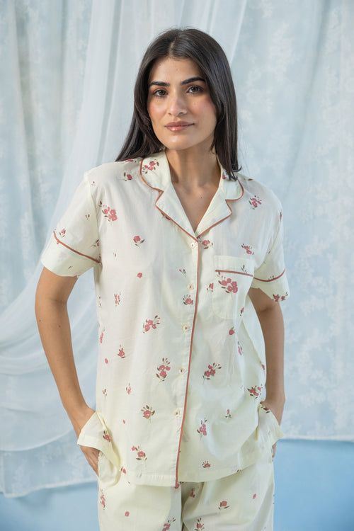 Printed Floral Cotton Half Sleeve Night Suit Set —Yellow