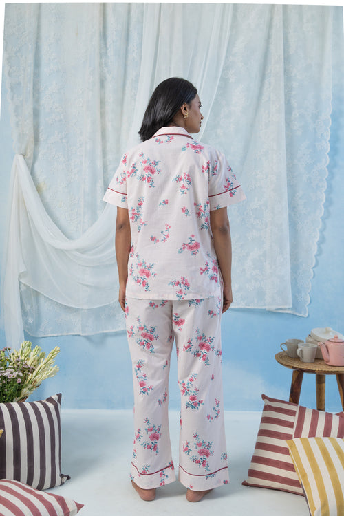 Printed Floral Cotton Half Sleeve Night Suit Set — Peach