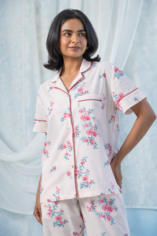 Printed Floral Cotton Half Sleeve Night Suit Set — Peach