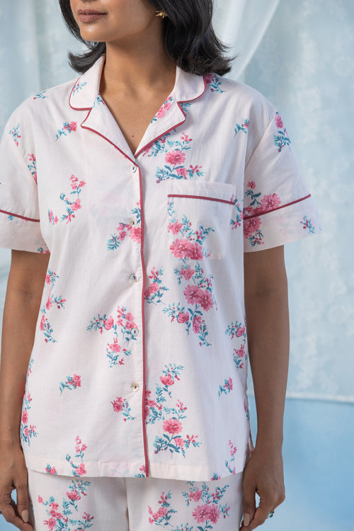 Printed Floral Cotton Half Sleeve Night Suit Set — Peach