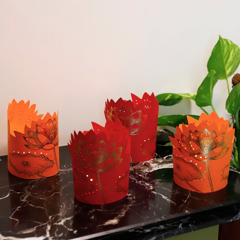 Orange & Red Lotus LED Lamp Set of 4