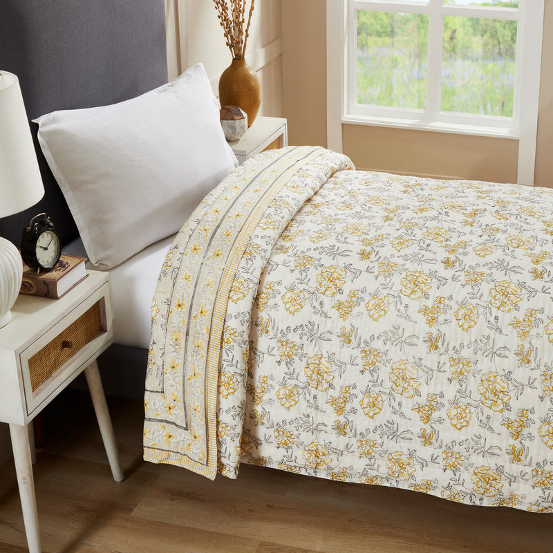 Vintage Mustard & Charcoal Hand Block Print Lightweight Medium Cotton Quilt (40th Edition)