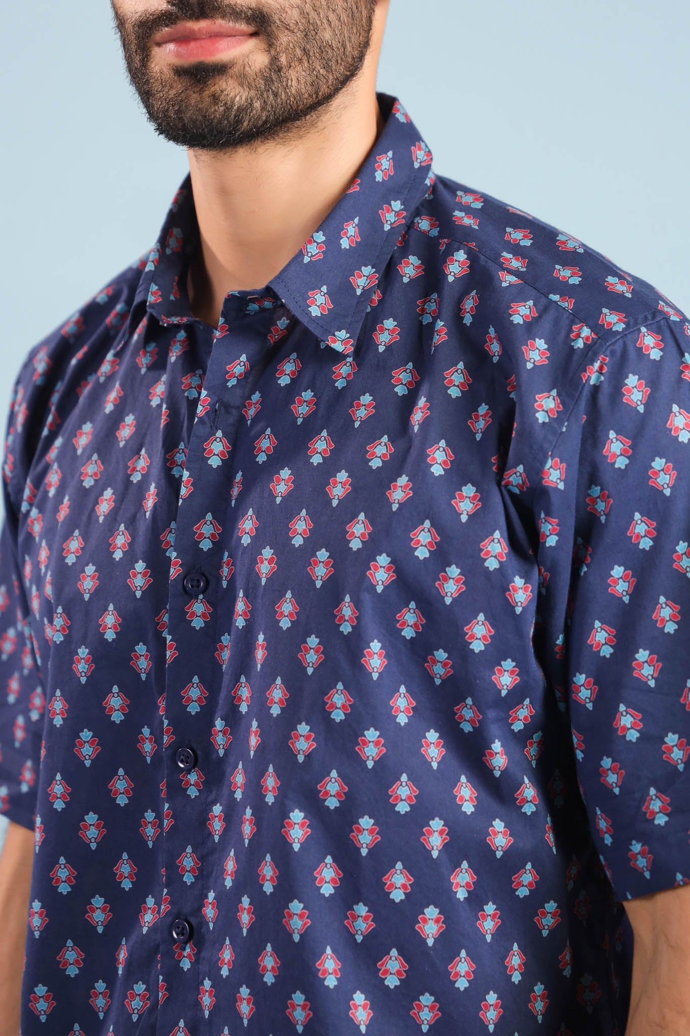 Neptune Buti Print Cotton Shirt – Blue