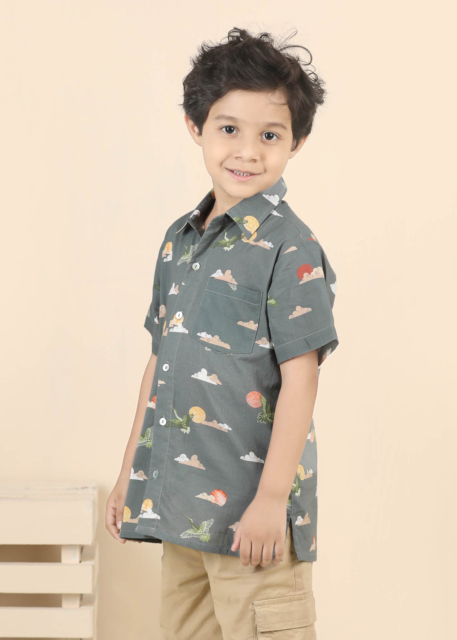 Rising Sun Cotton Shirt – Grey (6M–12 Yrs)