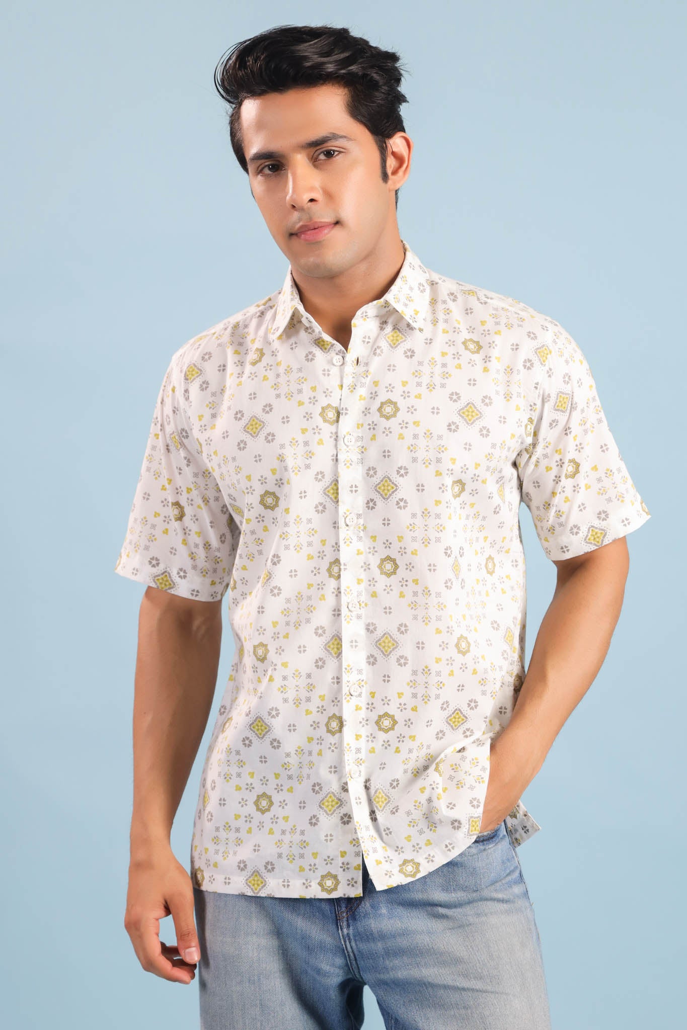 Geometric Print Cotton Shirt – White/Yellow
