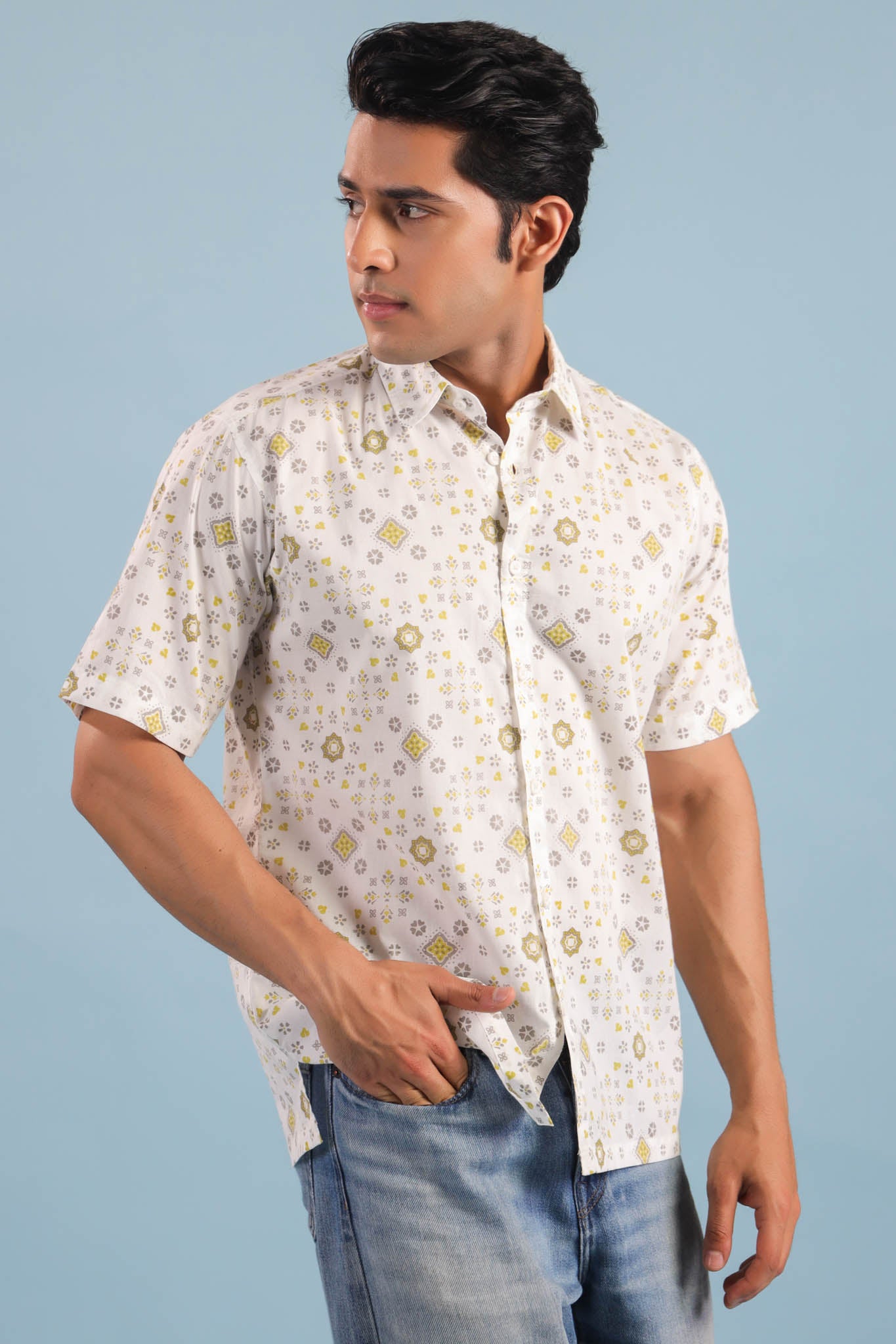 Geometric Print Cotton Shirt – White/Yellow