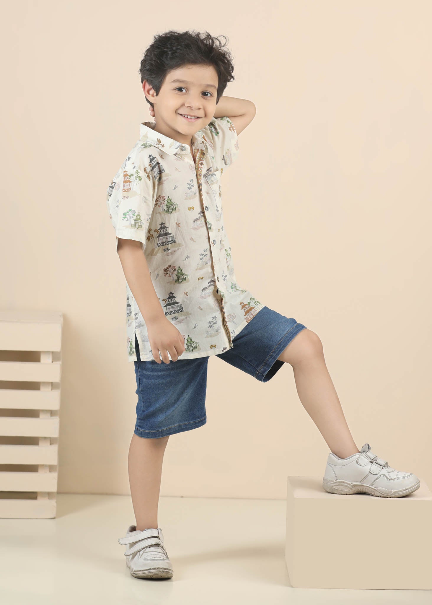 Zen Temple Cotton Shirt – Crème (6M–12 Yrs)