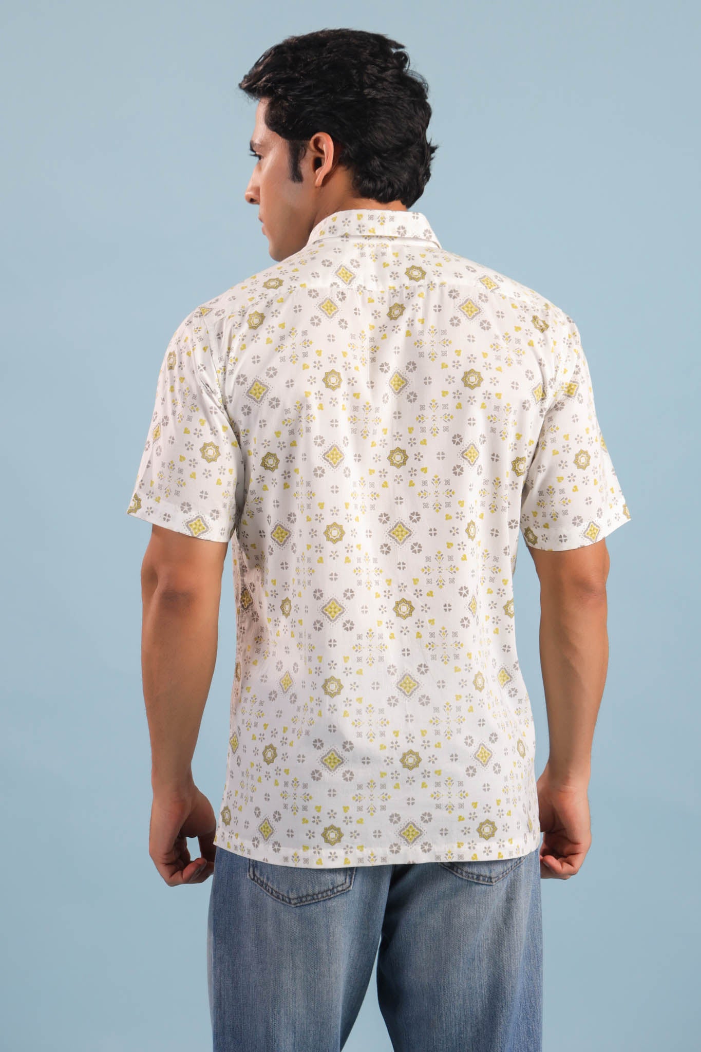 Geometric Print Cotton Shirt – White/Yellow