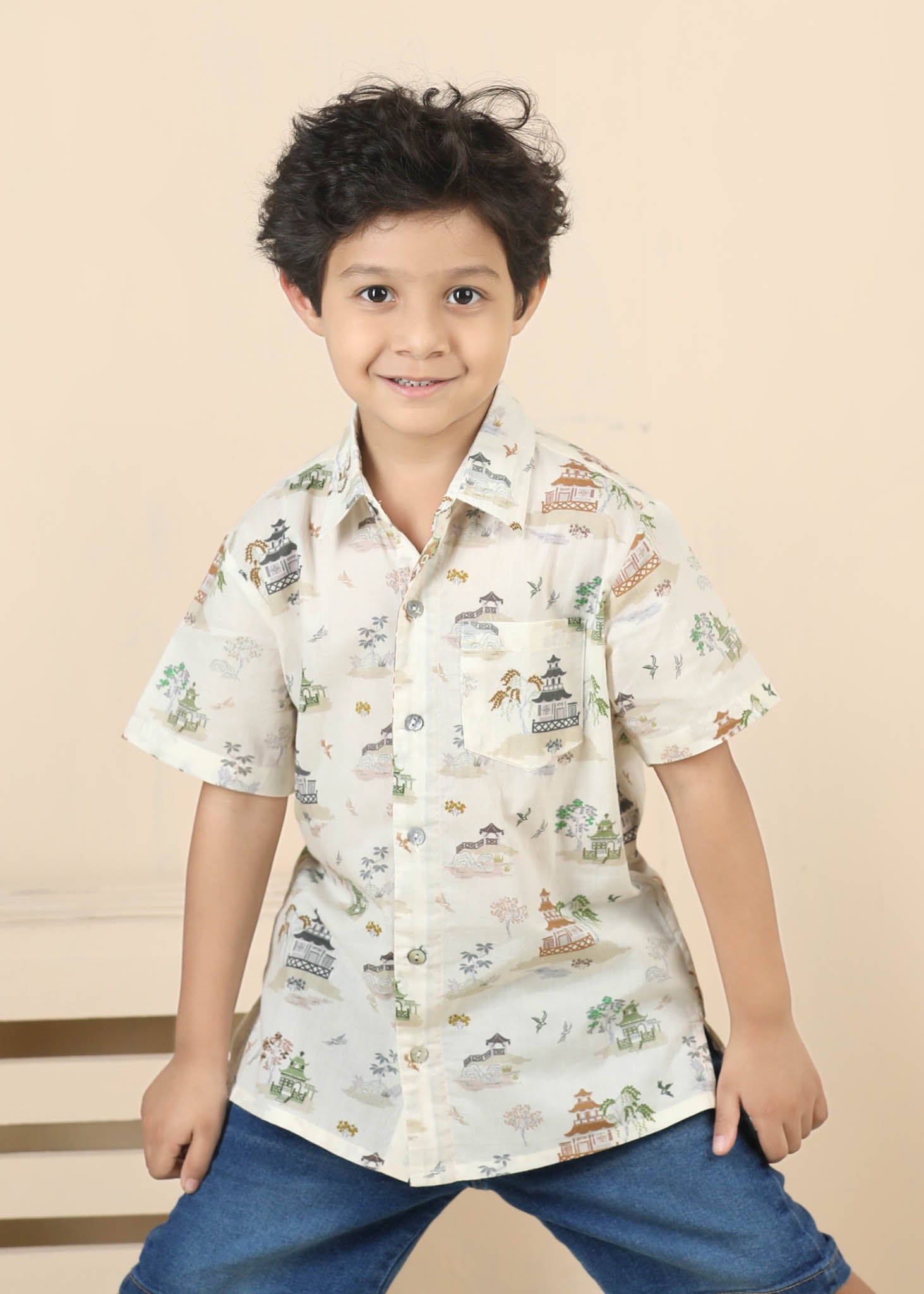 Zen Temple Cotton Shirt – Crème (6M–12 Yrs)