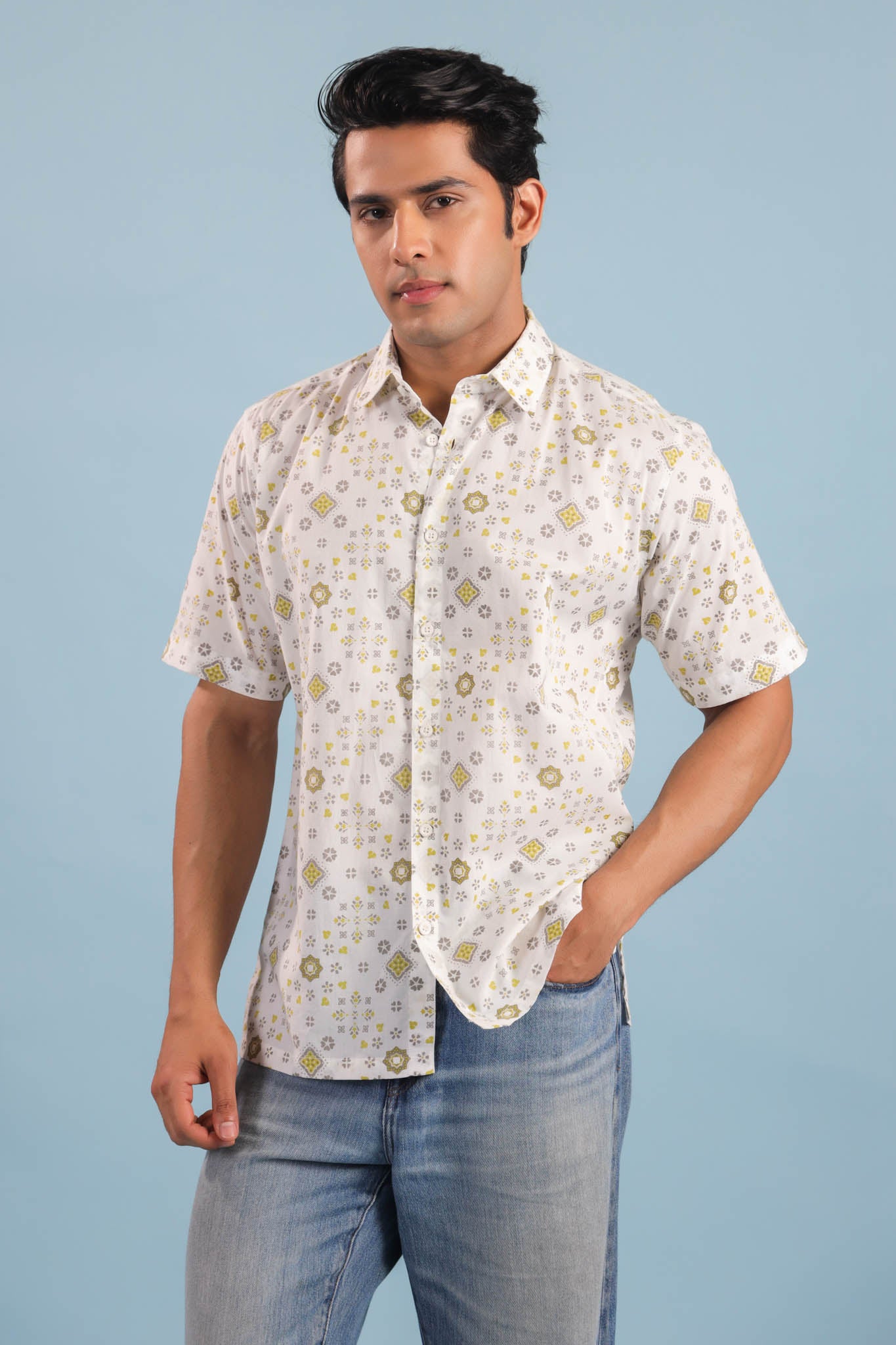 Geometric Print Cotton Shirt – White/Yellow