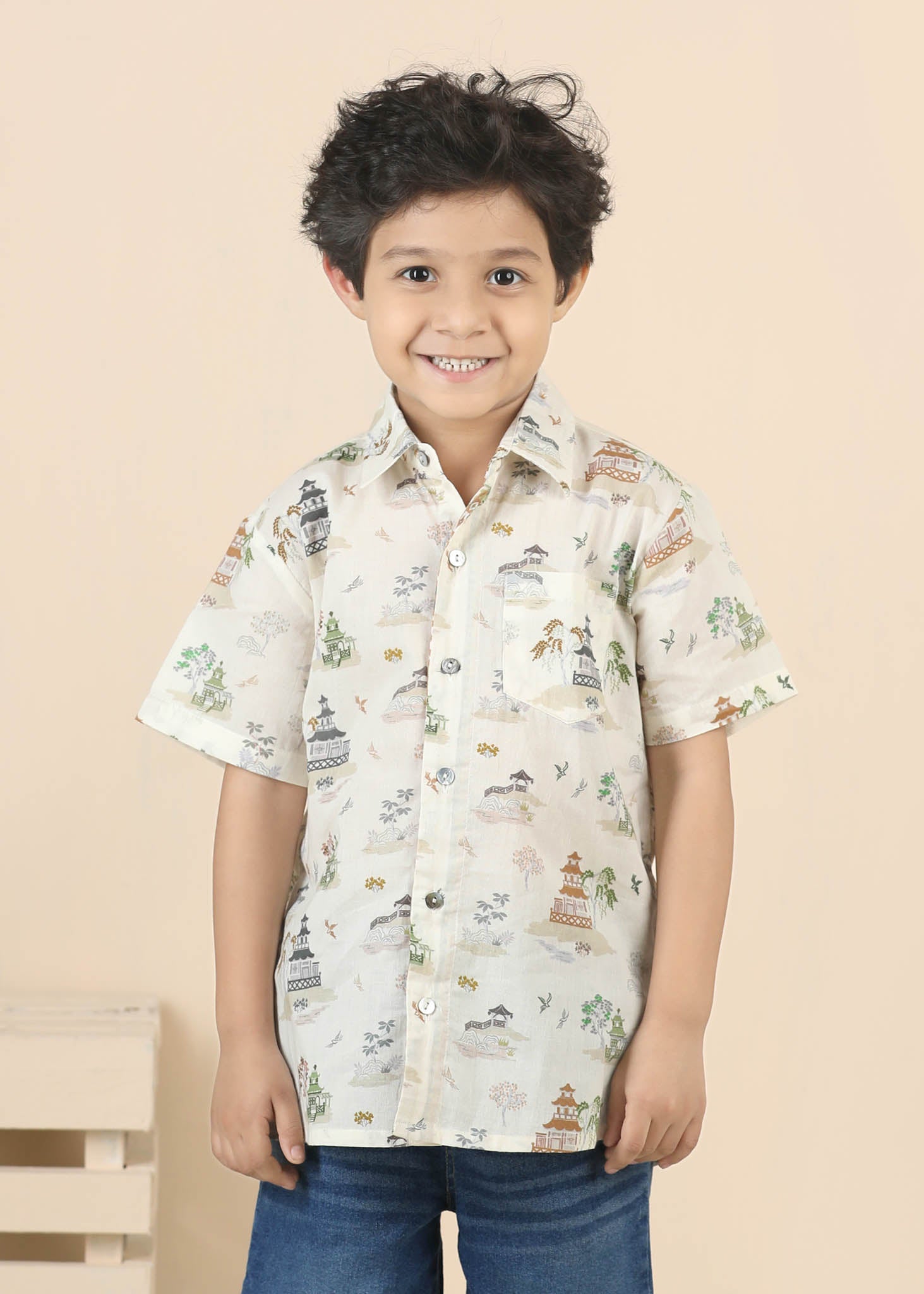 Zen Temple Cotton Shirt – Crème (6M–12 Yrs)