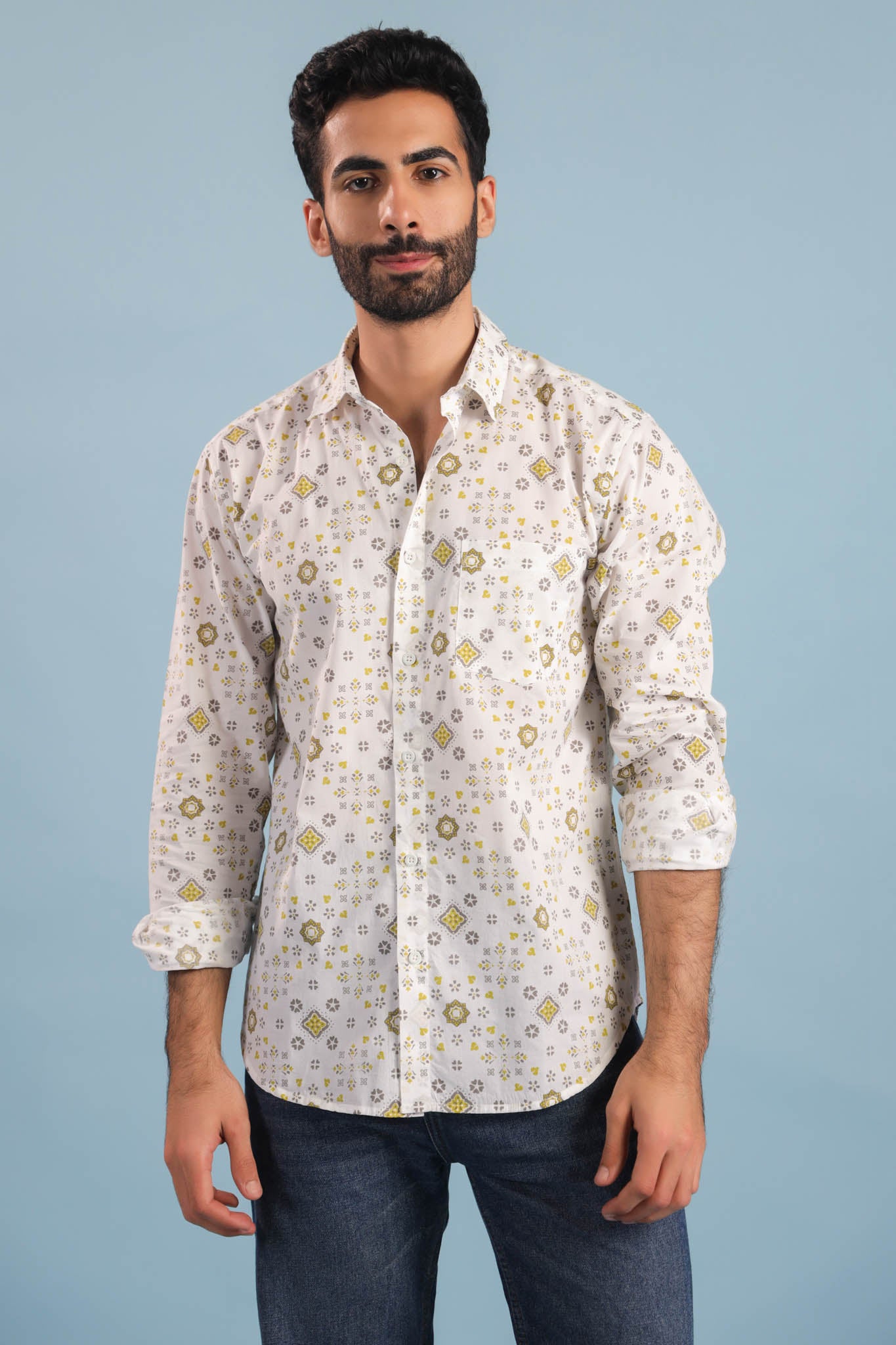 Geometric Print Cotton Shirt – White/Yellow