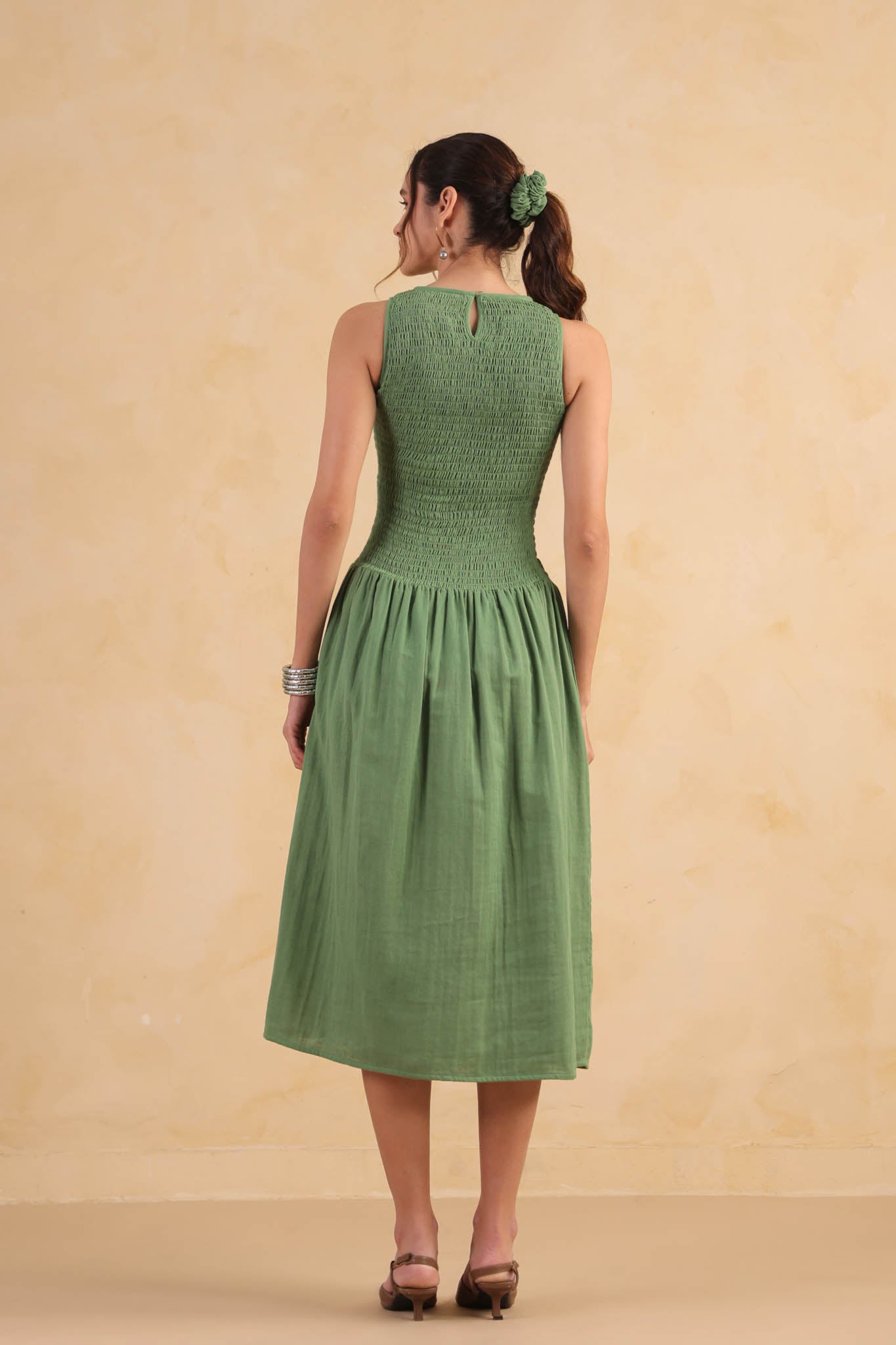Smocked Drop Waist Dress-Turf Green