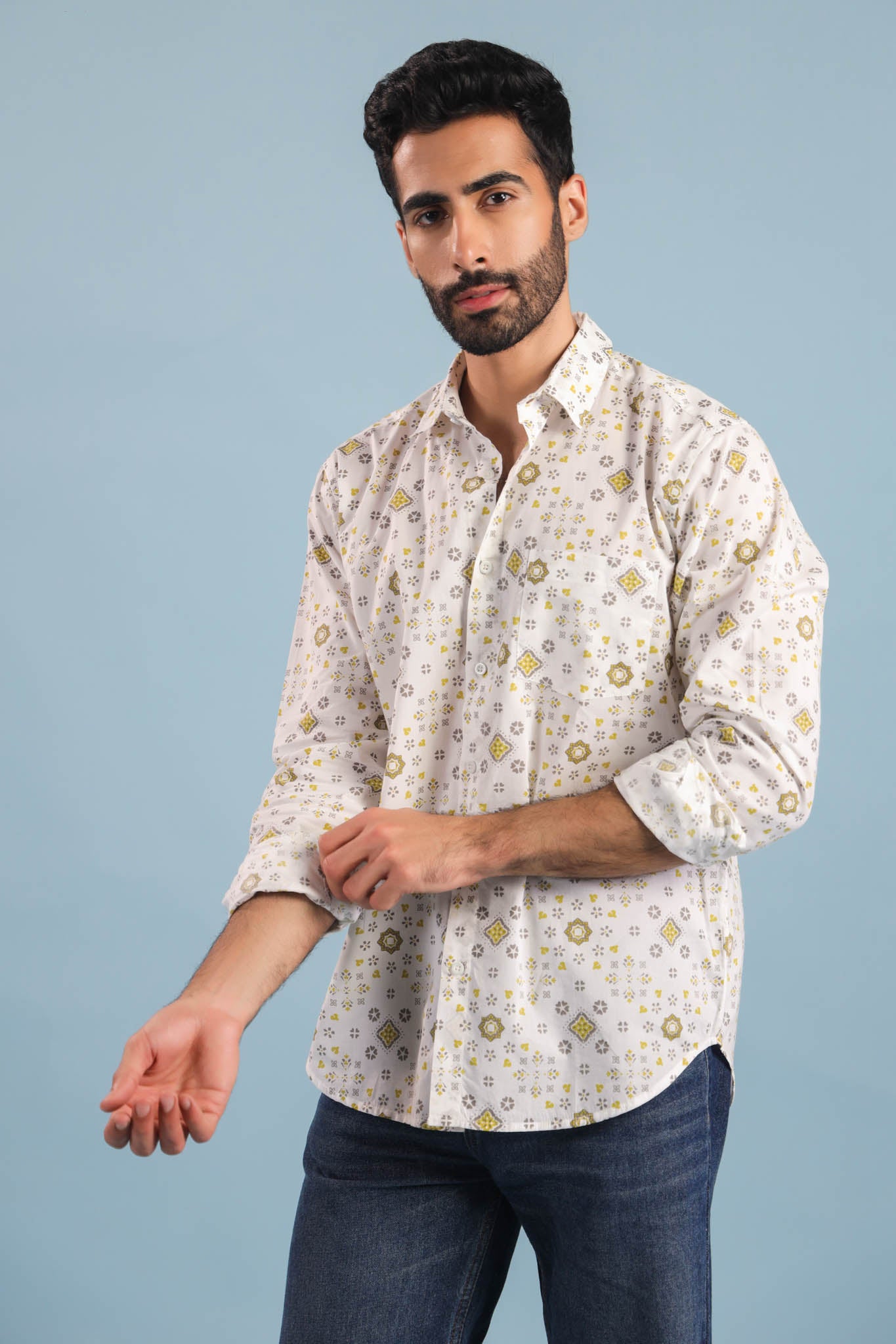 Geometric Print Cotton Shirt – White/Yellow