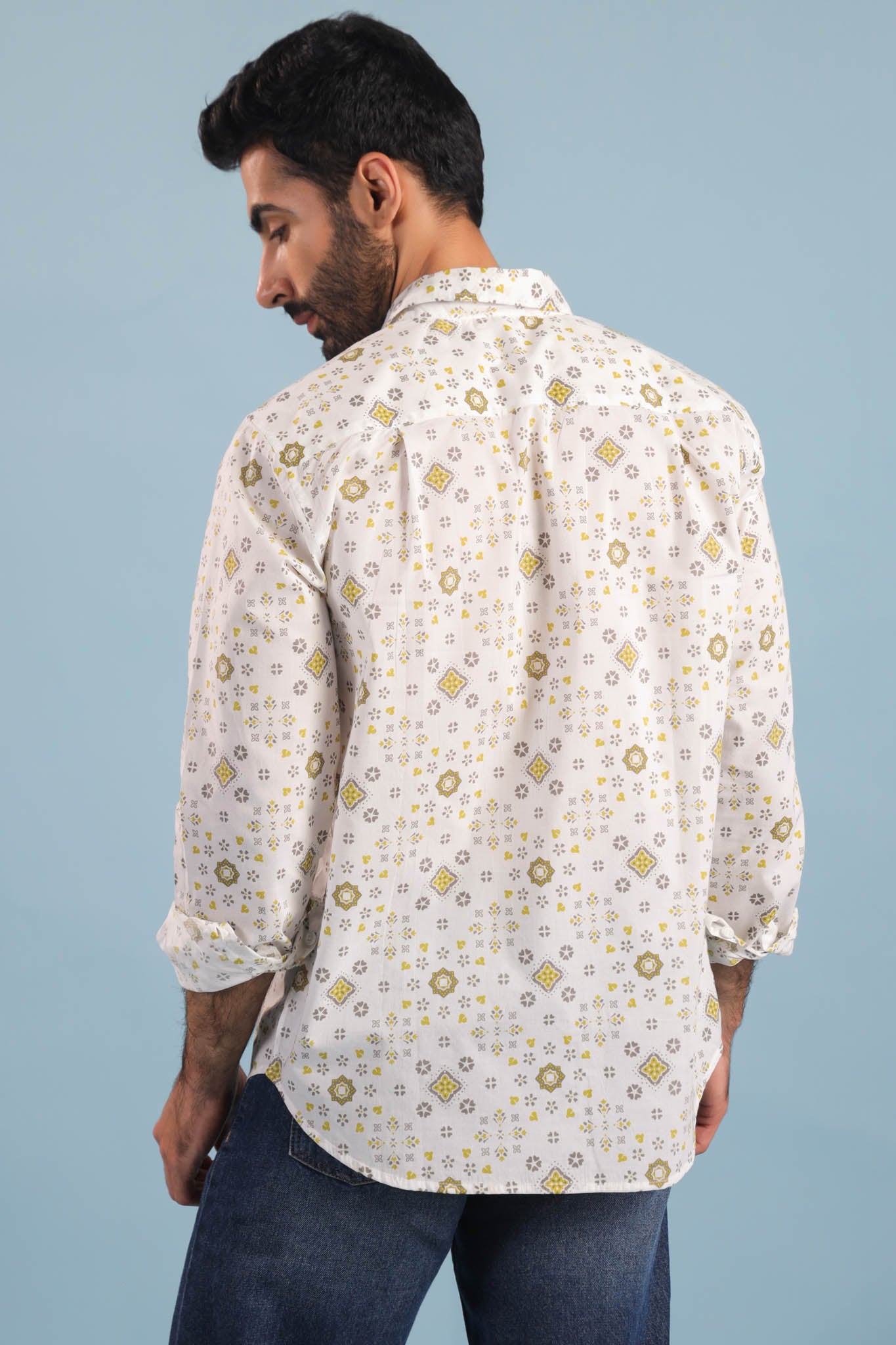 Geometric Print Cotton Shirt – White/Yellow