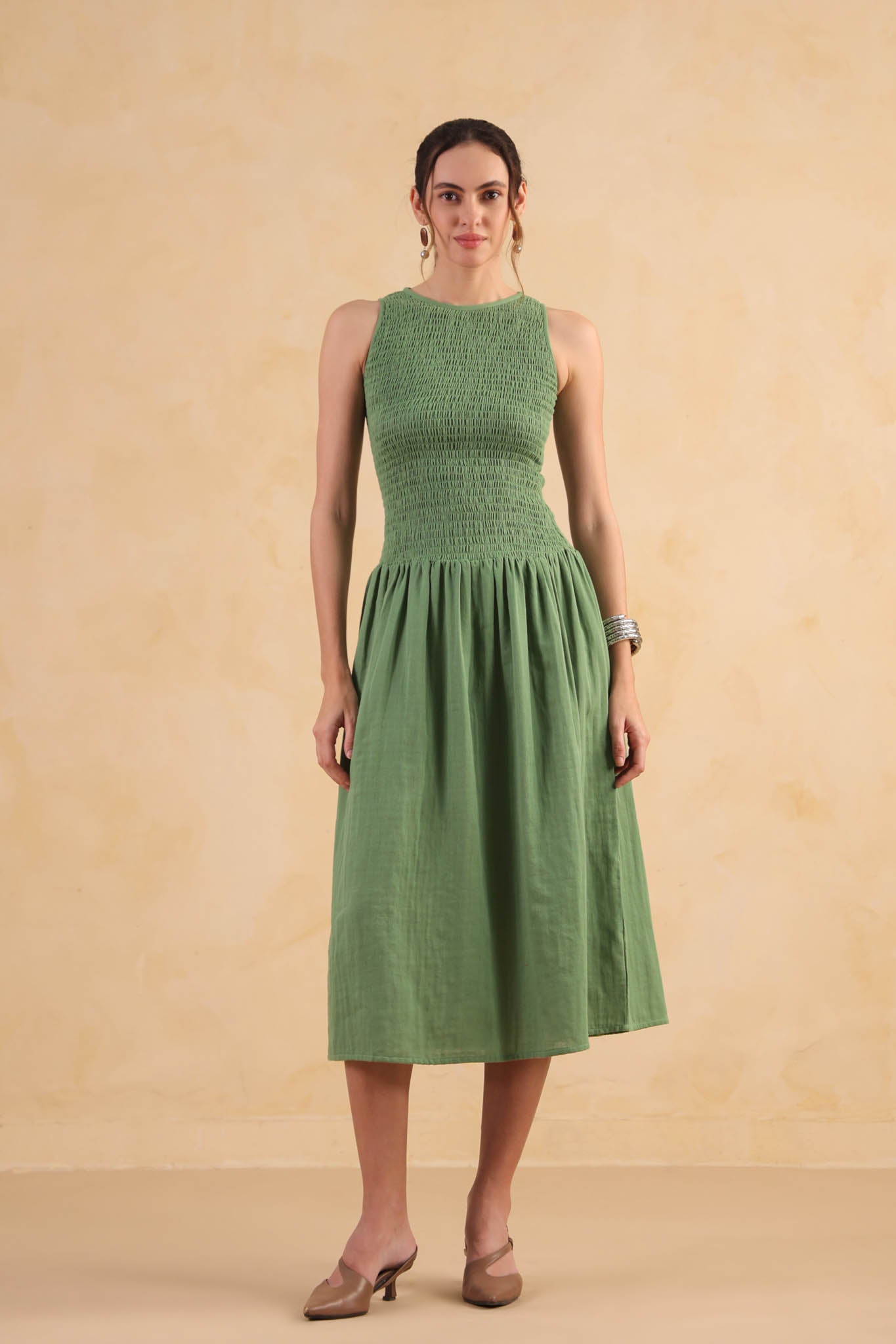 Smocked Drop Waist Dress-Turf Green