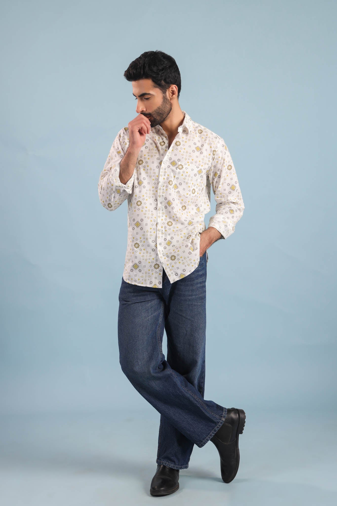 Geometric Print Cotton Shirt – White/Yellow
