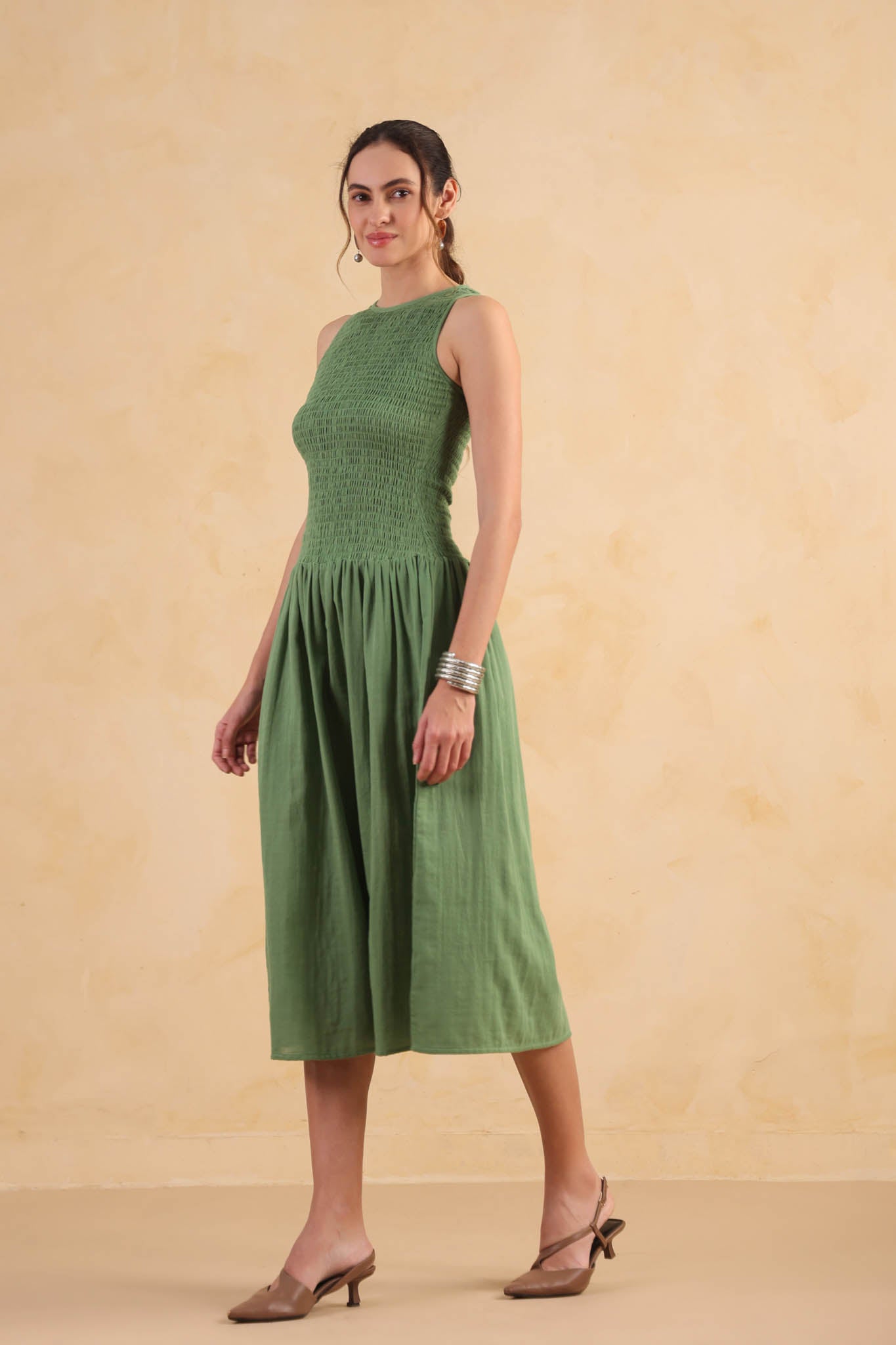 Smocked Drop Waist Dress-Turf Green
