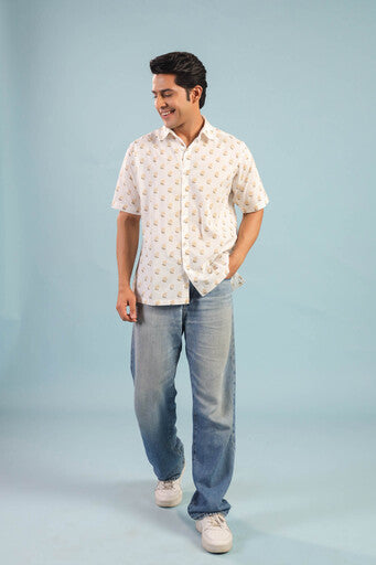 Floral Buti Cotton Shirt – Creme/Yellow