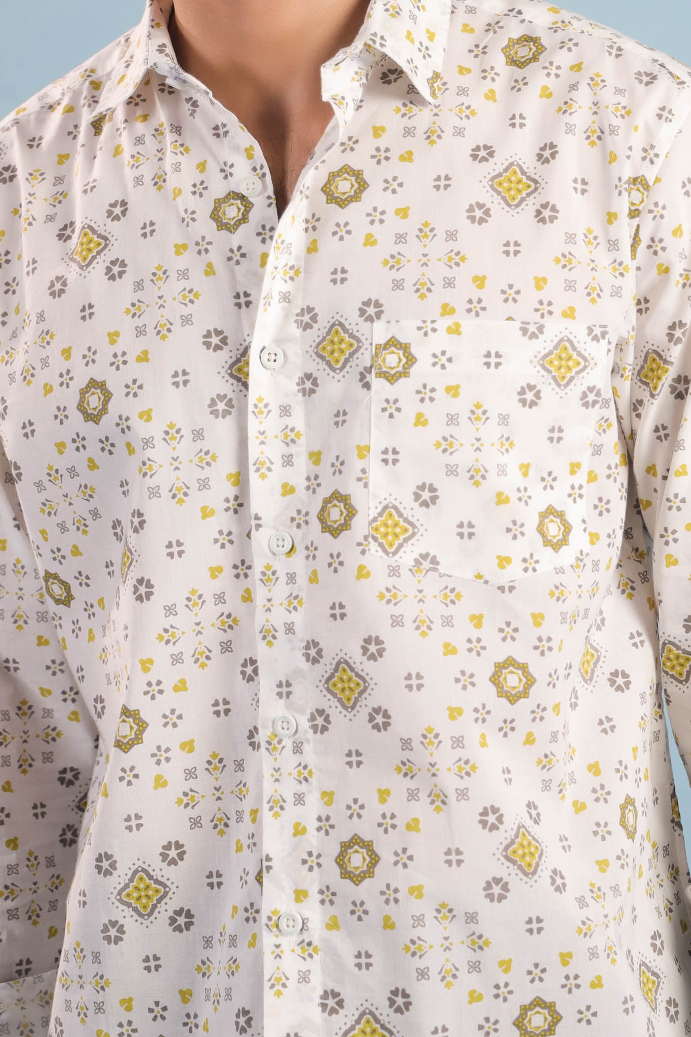Geometric Print Cotton Shirt – White/Yellow