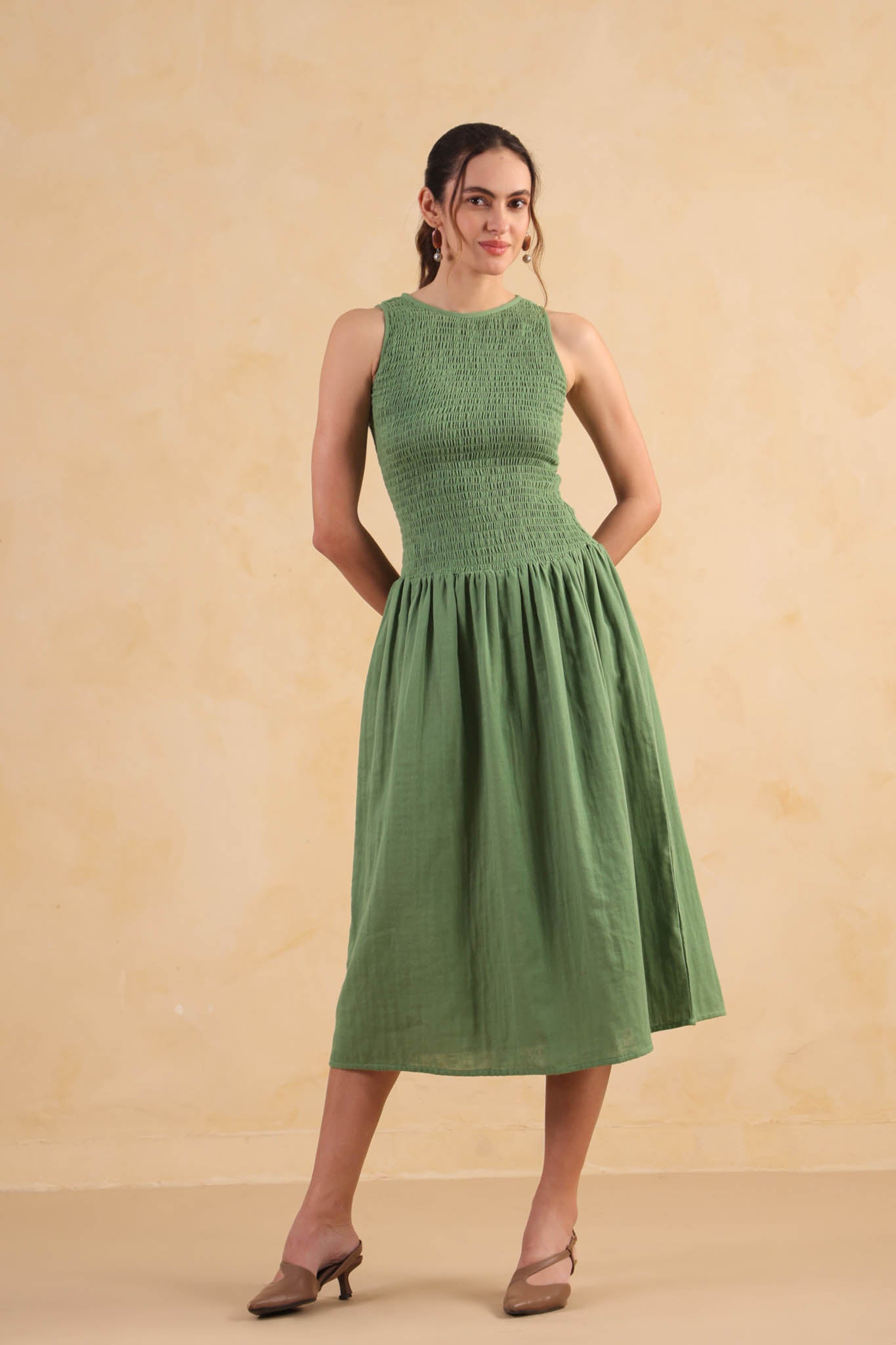 Smocked Drop Waist Dress-Turf Green