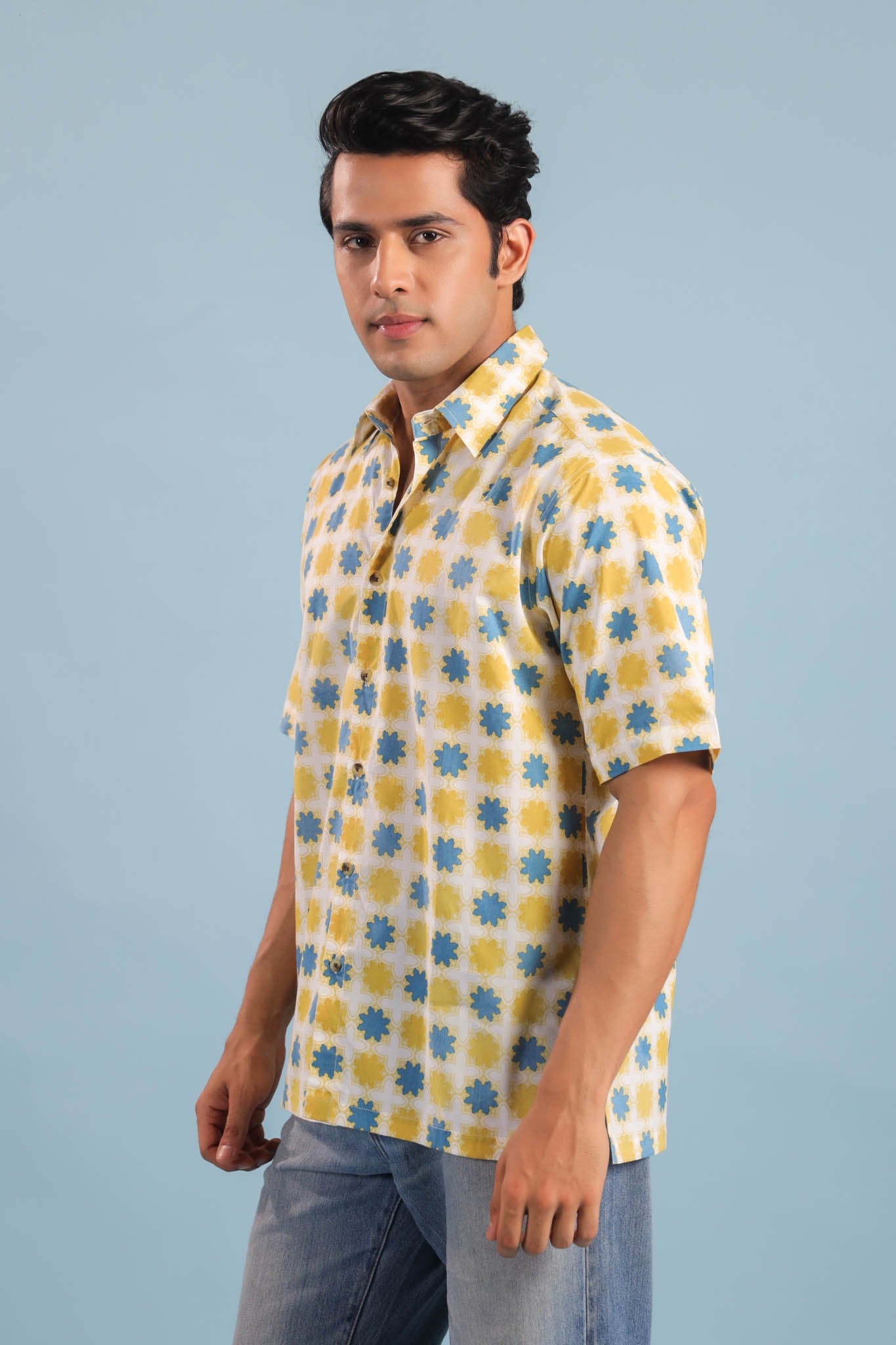 Geometric Print Cotton Shirt – White/Yellow